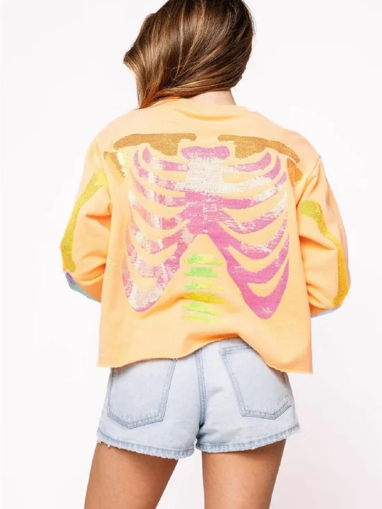 Queen of Sparkles Orange Skeleton Sweatshirt Size S *Damaged* - Picture 7 of 7